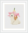 The image depicts a cute bunny sitting with a large pink flower on its head, set against a neutral background. The flower resembles a hat on the bunny.