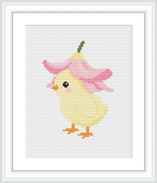A small, cute chick stands wearing a pink flower as a hat. The chick is centrally positioned against a plain background.