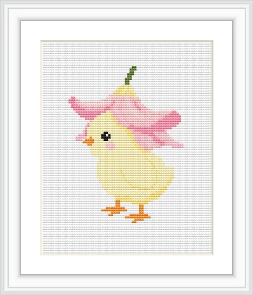 A small, cute chick stands wearing a pink flower as a hat. The chick is centrally positioned against a plain background.