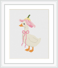 A goose is positioned centrally, wearing a pink flower hat with a matching bow. The background is plain to emphasize the subject.