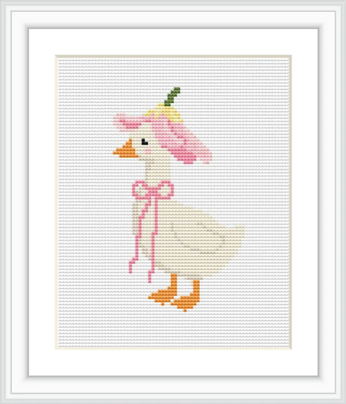 A goose is positioned centrally, wearing a pink flower hat with a matching bow. The background is plain to emphasize the subject.