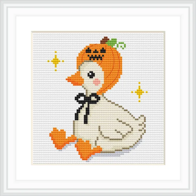 The image features a goose sitting down, wearing a pumpkin-shaped hat with a black bow around its neck. It is surrounded by two yellow star-like sparkles.
