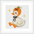 The image features a goose sitting down, wearing a pumpkin-shaped hat with a black bow around its neck. It is surrounded by two yellow star-like sparkles.