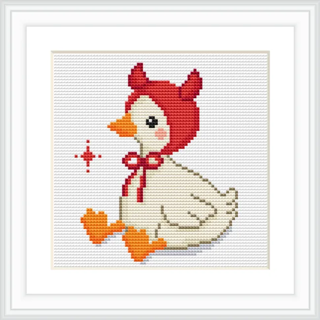 A goose is sitting slightly to the right, wearing a red devil hat with horns tied under its beak with a bow. A small red star symbol is near its beak, adding to the whimsical design.