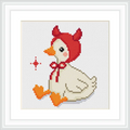 A goose is sitting slightly to the right, wearing a red devil hat with horns tied under its beak with a bow. A small red star symbol is near its beak, adding to the whimsical design.