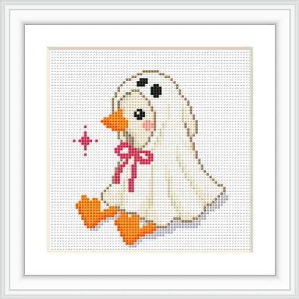 The image shows a cute goose sitting down, wearing a ghost hat with a pink bow. The goose is placed centrally and is the main focus of the design.