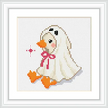 The image shows a cute goose sitting down, wearing a ghost hat with a pink bow. The goose is placed centrally and is the main focus of the design.