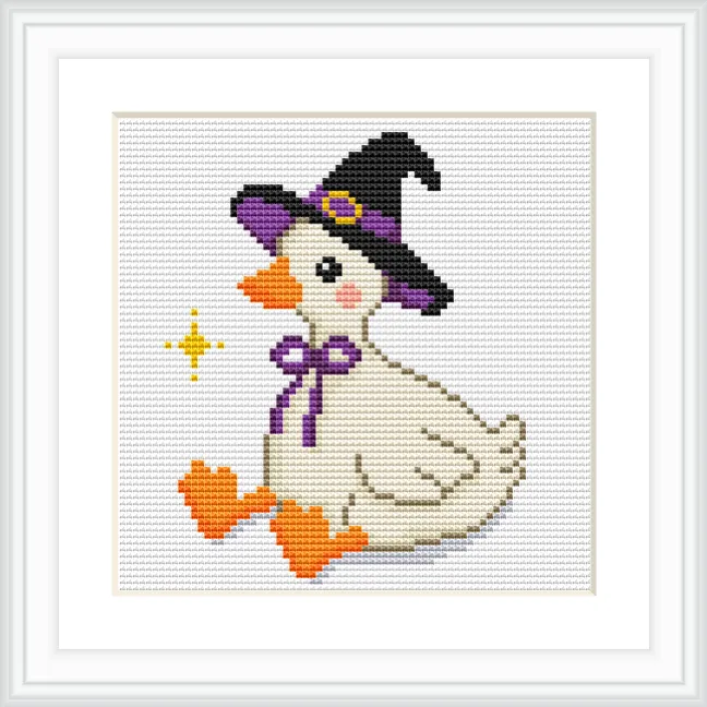 A cute goose wearing a black witch hat with a purple ribbon is sitting on the ground. There is a small yellow star or spark next to it.