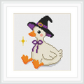 A cute goose wearing a black witch hat with a purple ribbon is sitting on the ground. There is a small yellow star or spark next to it.