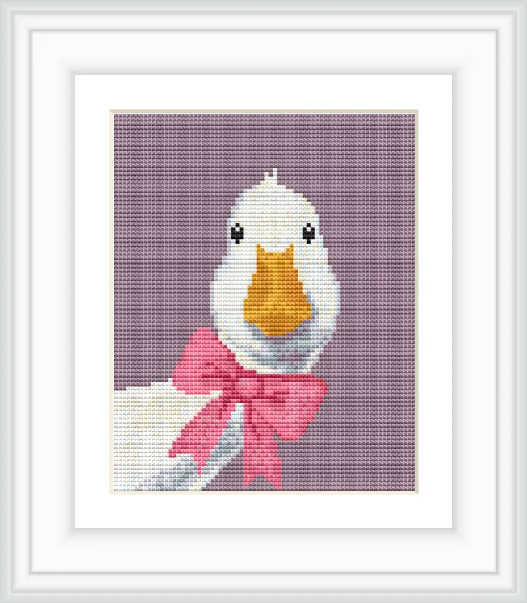 The image features a white goose with a yellow beak, centered and facing forward. It wears a pink bow around its neck against a light purple background.
