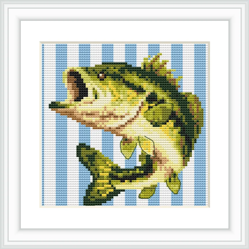 The image features a detailed depiction of a bass fish, set against a blue and white striped background, centered within a white frame.