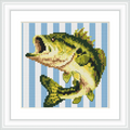 The image features a detailed depiction of a bass fish, set against a blue and white striped background, centered within a white frame.