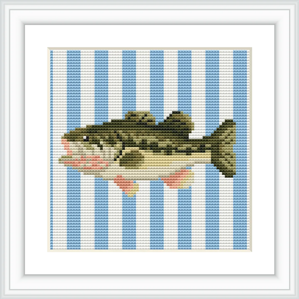 The image features a realistic depiction of a bass fish centered against a background of blue and white vertical stripes.