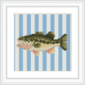 The image features a realistic depiction of a bass fish centered against a background of blue and white vertical stripes.