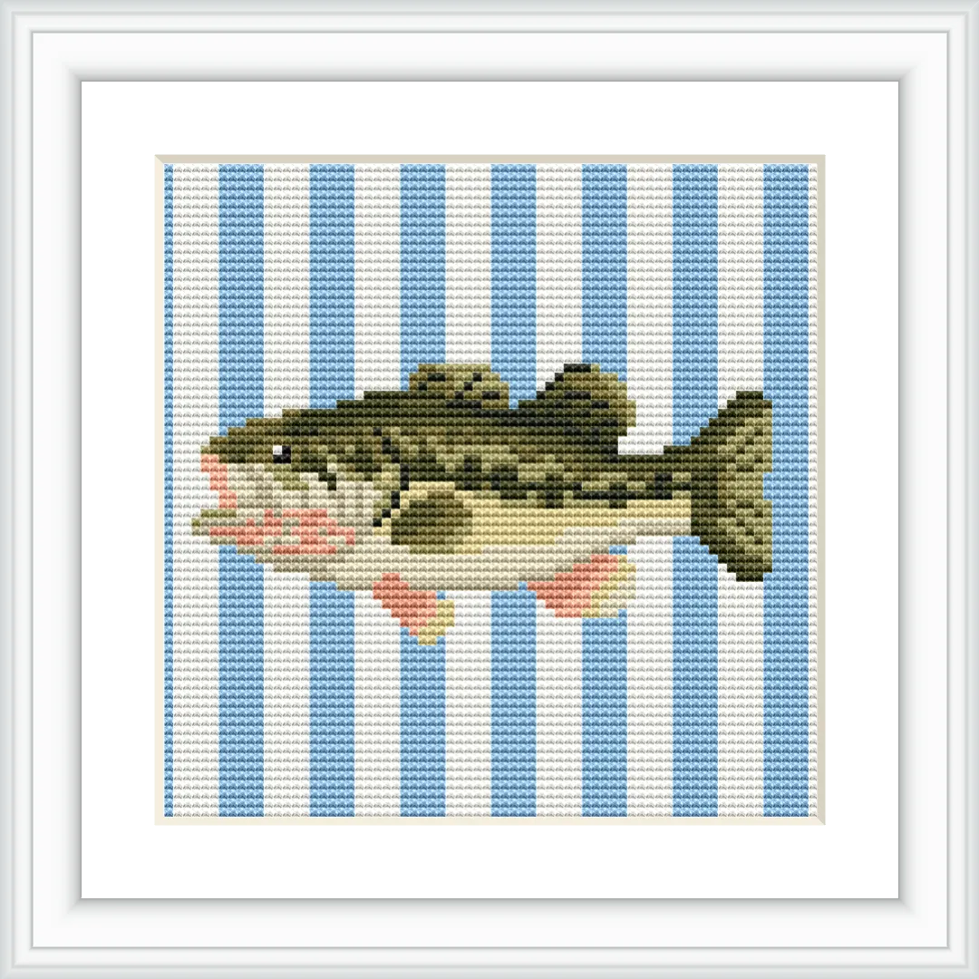 The image features a realistic depiction of a bass fish centered against a background of blue and white vertical stripes.