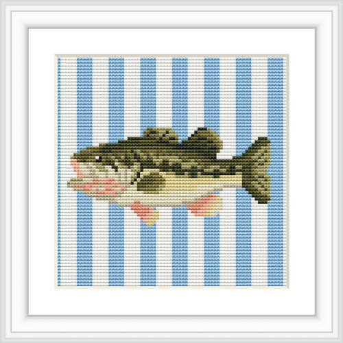 The image features a realistic depiction of a bass fish centered against a background of blue and white vertical stripes.