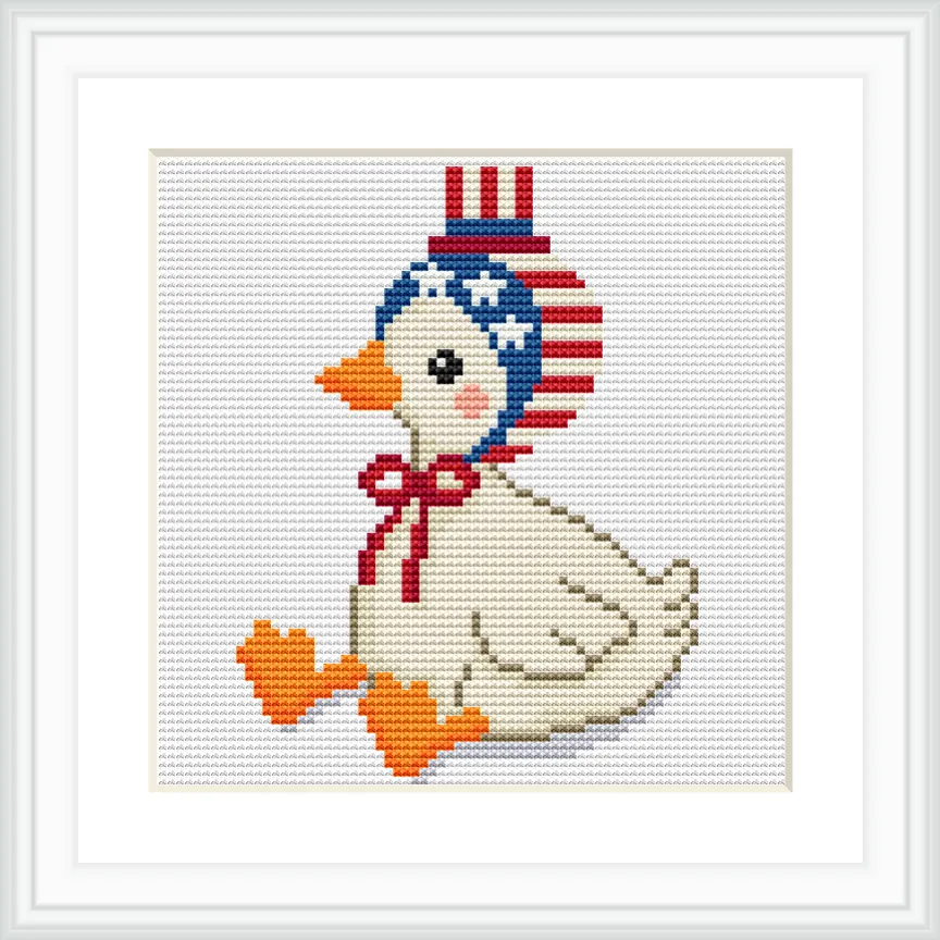 The image depicts a cute goose sitting with a USA-themed hat featuring stars and stripes. The goose has orange feet and a beak, and is adorned with a red ribbon around its neck.