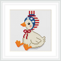 The image depicts a cute goose sitting with a USA-themed hat featuring stars and stripes. The goose has orange feet and a beak, and is adorned with a red ribbon around its neck.
