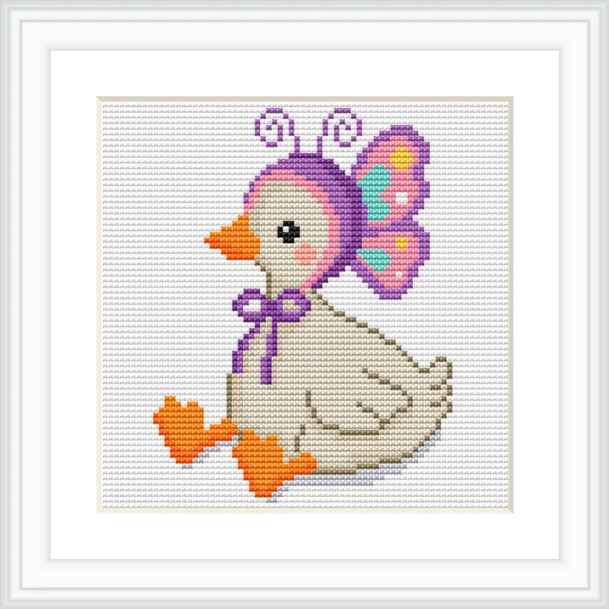 The image depicts a sitting goose wearing a butterfly hat. The goose is positioned centrally, with the butterfly wings and hat adding a decorative element.