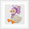 The image depicts a sitting goose wearing a butterfly hat. The goose is positioned centrally, with the butterfly wings and hat adding a decorative element.