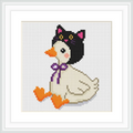 A cute goose is sitting, wearing a black cat hat with pink accents and a purple bow. The hat has small cat ears and pink eyes, adding a whimsical touch.