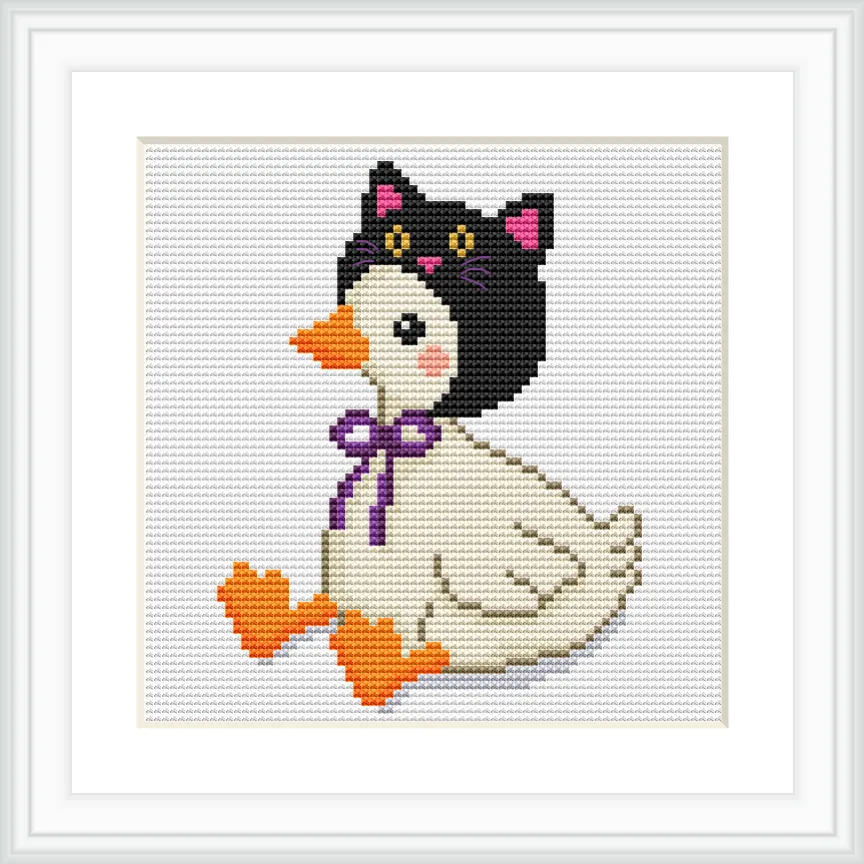 A cute goose is sitting, wearing a black cat hat with pink accents and a purple bow. The hat has small cat ears and pink eyes, adding a whimsical touch.