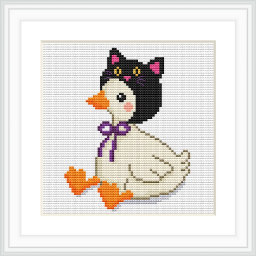 A cute goose is sitting, wearing a black cat hat with pink accents and a purple bow. The hat has small cat ears and pink eyes, adding a whimsical touch.
