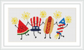 A watermelon slice, a burger, a hot dog, and a popsicle dressed in patriotic colors, each holding sparklers and smiling.