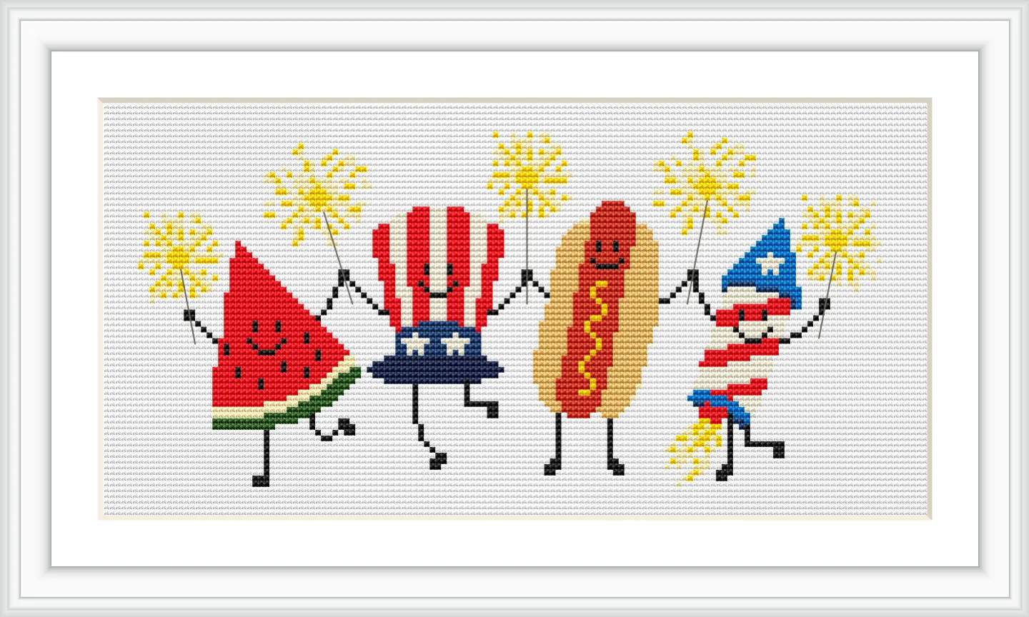 A watermelon slice, a burger, a hot dog, and a popsicle dressed in patriotic colors, each holding sparklers and smiling.