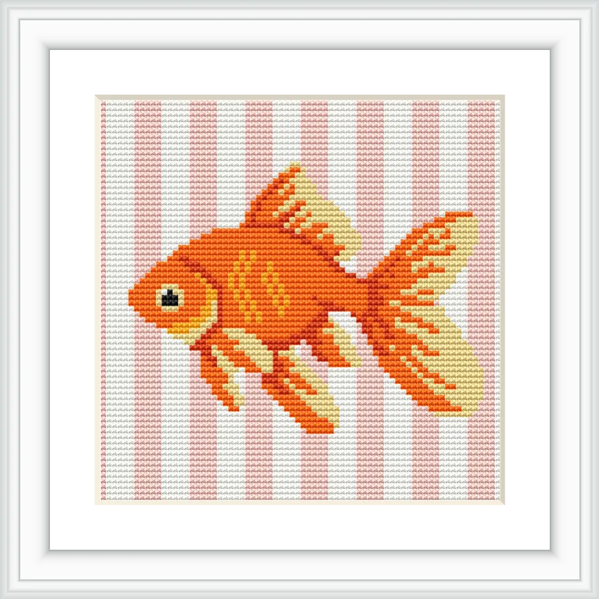 The image depicts an orange and white goldfish centered on a background of vertical pale pink and white stripes. The fish appears realistic with detailed scales and fins.