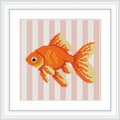 The image depicts an orange and white goldfish centered on a background of vertical pale pink and white stripes. The fish appears realistic with detailed scales and fins.