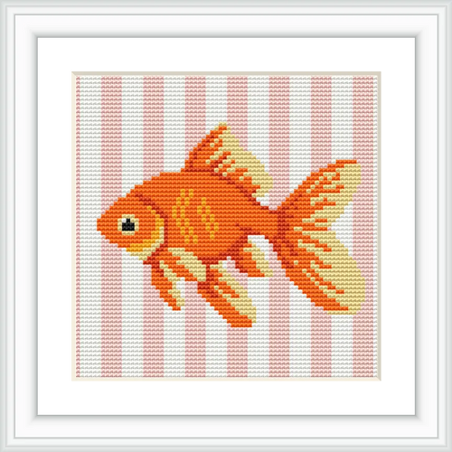 The image depicts an orange and white goldfish centered on a background of vertical pale pink and white stripes. The fish appears realistic with detailed scales and fins.