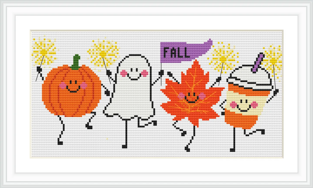 The image features a cartoon pumpkin, ghost, autumn leaf, and coffee cup. They are all smiling and holding sparklers or a 'FALL' banner while dancing in a celebratory manner.
