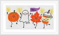 The image features a cartoon pumpkin, ghost, autumn leaf, and coffee cup. They are all smiling and holding sparklers or a 'FALL' banner while dancing in a celebratory manner.