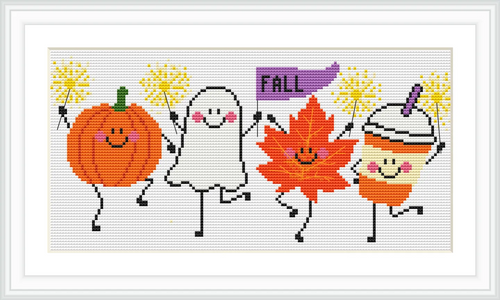 The image features a cartoon pumpkin, ghost, autumn leaf, and coffee cup. They are all smiling and holding sparklers or a 'FALL' banner while dancing in a celebratory manner.