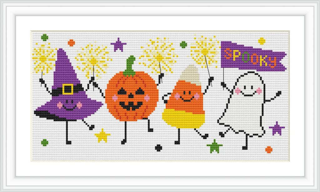 The image features a cartoon witch hat, a smiling jack-o'-lantern, a happy candy corn, and a cheerful ghost. They are dancing under twinkling stars, holding sparklers, and a flag that reads 'SPOOKS'.