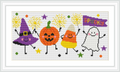 The image features a cartoon witch hat, a smiling jack-o'-lantern, a happy candy corn, and a cheerful ghost. They are dancing under twinkling stars, holding sparklers, and a flag that reads 'SPOOKS'.