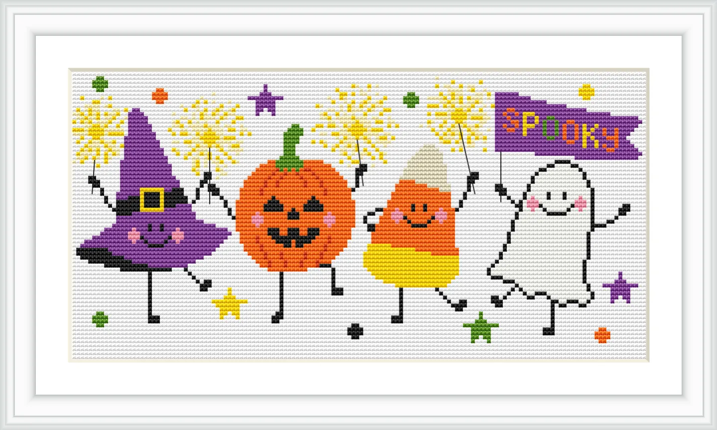 The image features a cartoon witch hat, a smiling jack-o'-lantern, a happy candy corn, and a cheerful ghost. They are dancing under twinkling stars, holding sparklers, and a flag that reads 'SPOOKS'.