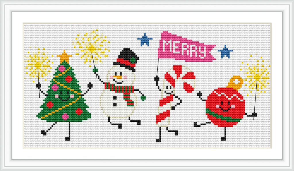 The image displays a parade of Christmas-themed characters: a decorated Christmas tree, a smiling snowman, a candy cane figure holding a 'Merry' flag, and a cheerful Christmas ornament, all holding sparklers.