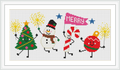 The image displays a parade of Christmas-themed characters: a decorated Christmas tree, a smiling snowman, a candy cane figure holding a 'Merry' flag, and a cheerful Christmas ornament, all holding sparklers.