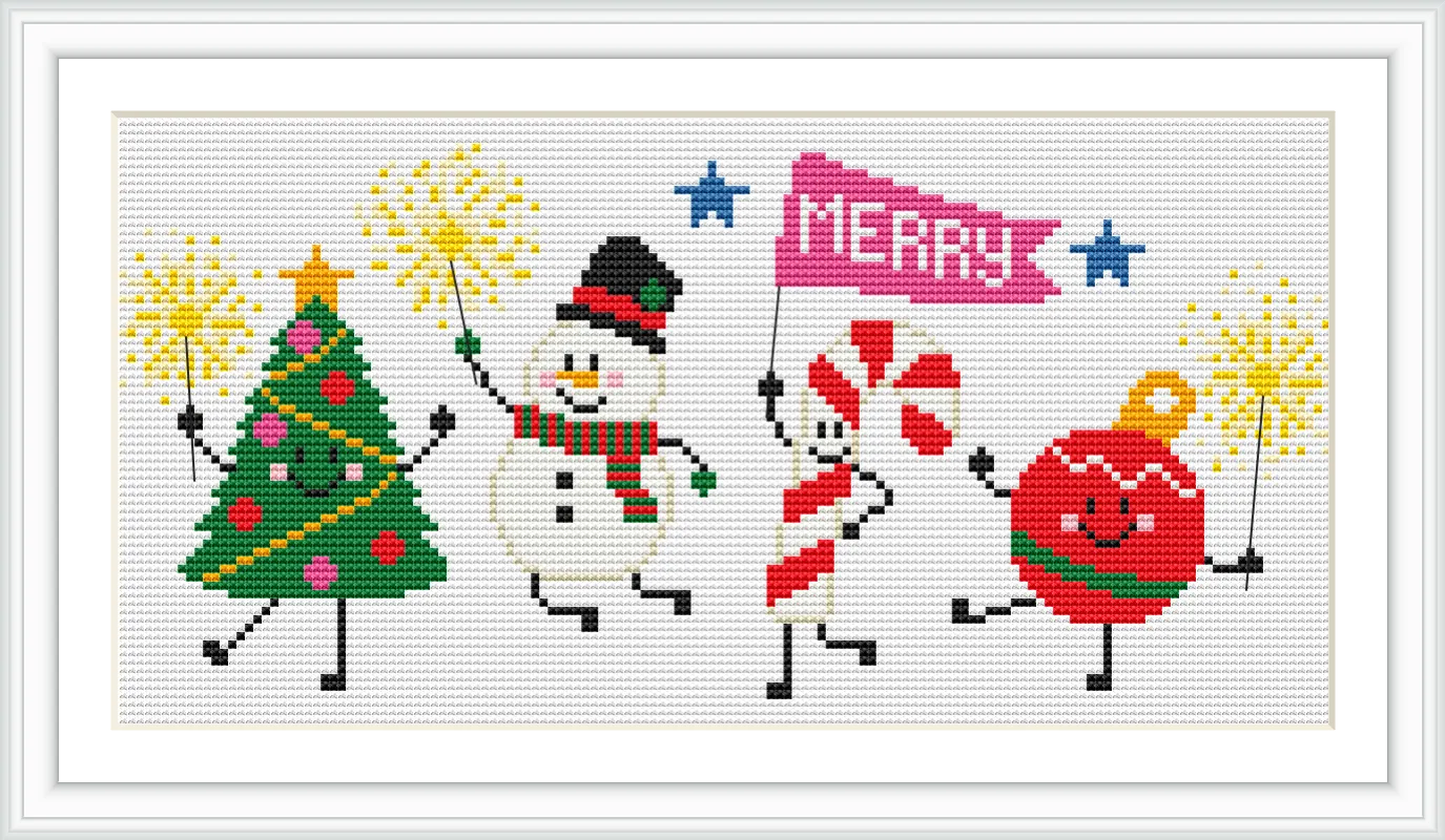 The image displays a parade of Christmas-themed characters: a decorated Christmas tree, a smiling snowman, a candy cane figure holding a 'Merry' flag, and a cheerful Christmas ornament, all holding sparklers.