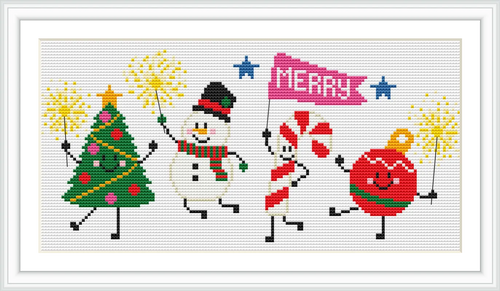 The image displays a parade of Christmas-themed characters: a decorated Christmas tree, a smiling snowman, a candy cane figure holding a 'Merry' flag, and a cheerful Christmas ornament, all holding sparklers.