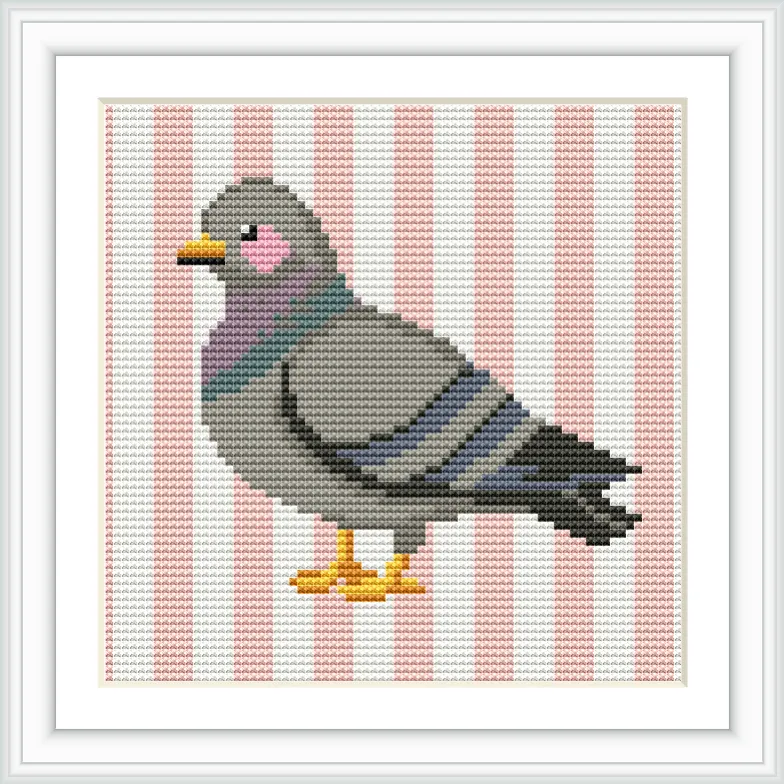 The image features a gray dove with pink and purple shades sitting on orange feet. The background is composed of alternating pink and white vertical stripes.