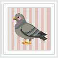 The image features a gray dove with pink and purple shades sitting on orange feet. The background is composed of alternating pink and white vertical stripes.