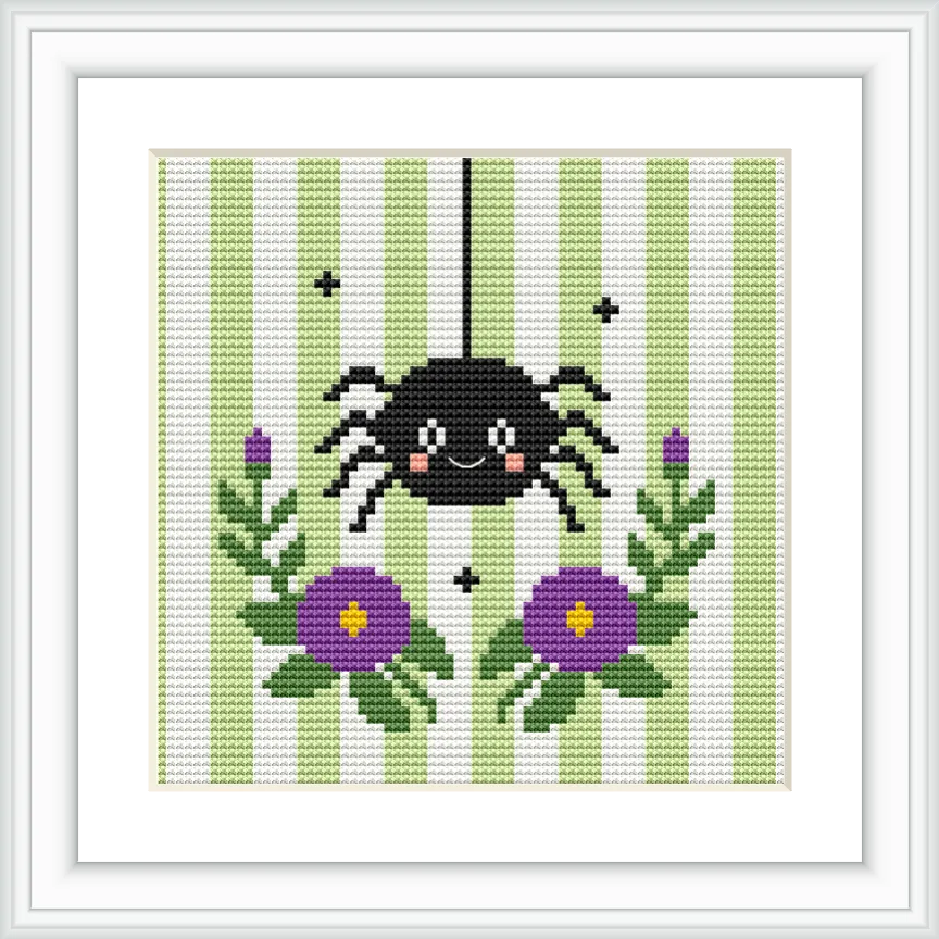 The image shows a cute spider hanging from a thread in front of vertical green stripes. Below the spider, two purple flowers with yellow centers and green leaves are positioned symmetrically.