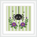 The image shows a cute spider hanging from a thread in front of vertical green stripes. Below the spider, two purple flowers with yellow centers and green leaves are positioned symmetrically.