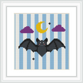 A bat with outstretched wings is positioned centrally, flying against a backdrop of vertical blue and white stripes. Above the bat, a crescent moon and two purple clouds float, accompanied by small stars.