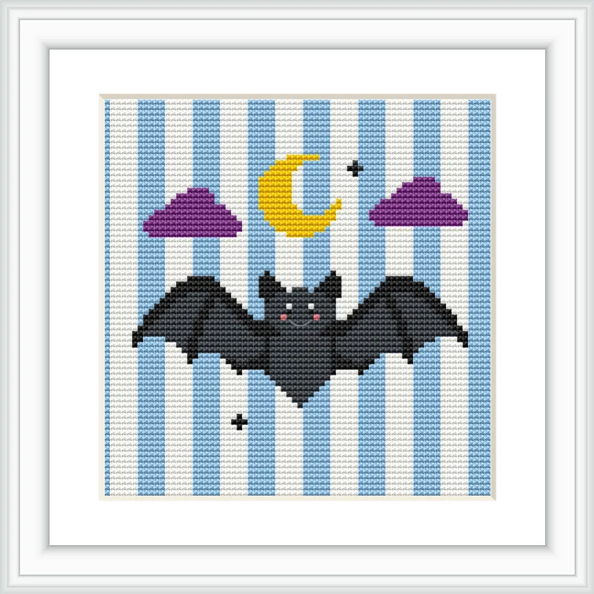 A bat with outstretched wings is positioned centrally, flying against a backdrop of vertical blue and white stripes. Above the bat, a crescent moon and two purple clouds float, accompanied by small stars.