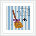 The image shows a broom with a purple bow, perched on blue and white striped background. To the right, a spider is on a web, with few small black dots scattered around.