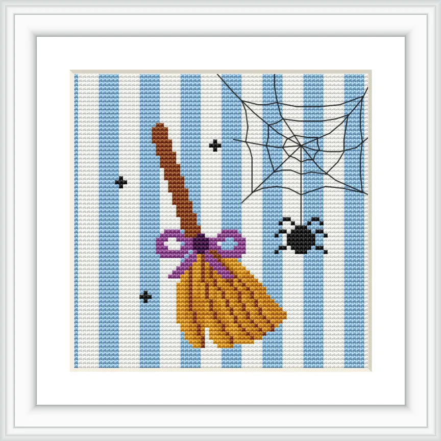 The image shows a broom with a purple bow, perched on blue and white striped background. To the right, a spider is on a web, with few small black dots scattered around.